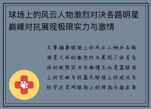 球场上的风云人物激烈对决各路明星巅峰对抗展现极限实力与激情
