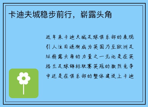 卡迪夫城稳步前行，崭露头角