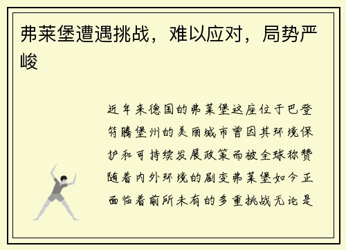 弗莱堡遭遇挑战，难以应对，局势严峻