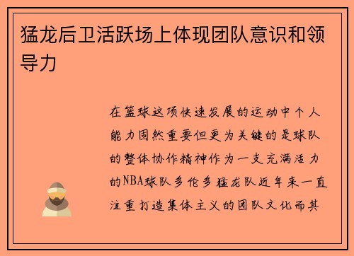 猛龙后卫活跃场上体现团队意识和领导力