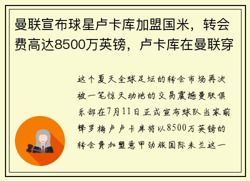 曼联宣布球星卢卡库加盟国米，转会费高达8500万英镑，卢卡库在曼联穿几号球衣