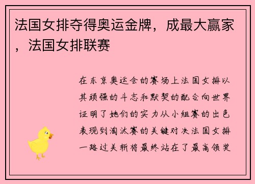 法国女排夺得奥运金牌，成最大赢家，法国女排联赛