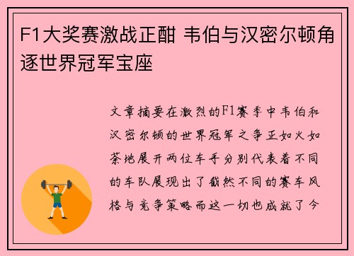 F1大奖赛激战正酣 韦伯与汉密尔顿角逐世界冠军宝座