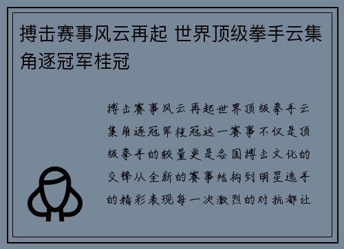 搏击赛事风云再起 世界顶级拳手云集角逐冠军桂冠