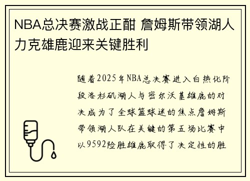 NBA总决赛激战正酣 詹姆斯带领湖人力克雄鹿迎来关键胜利